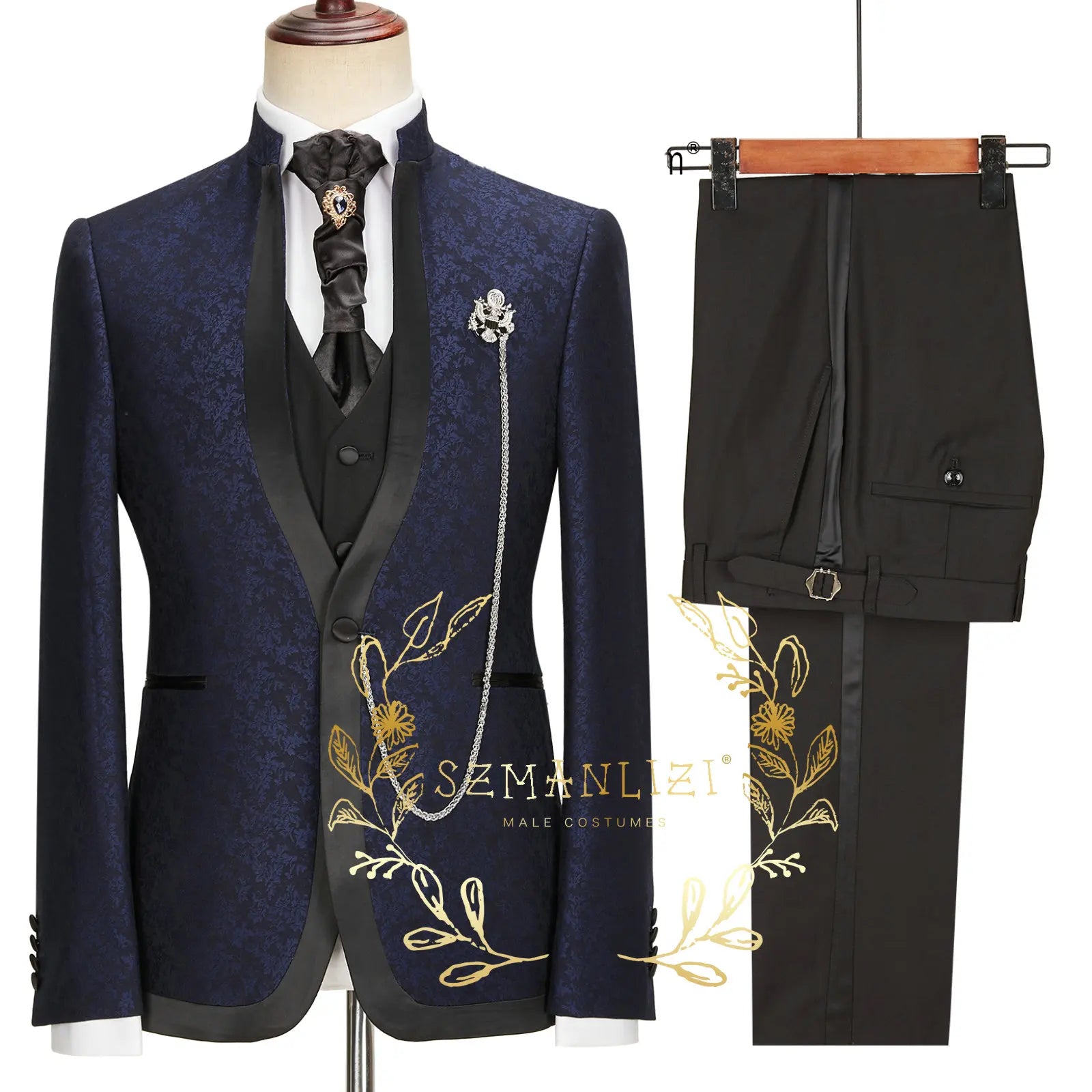 Floral Jacquard Tuxedo Suits For Men Wedding Party Dress Slim Fit 3 Pieces Gentleman Jacket Vest Pant 3 Piece Male Costume