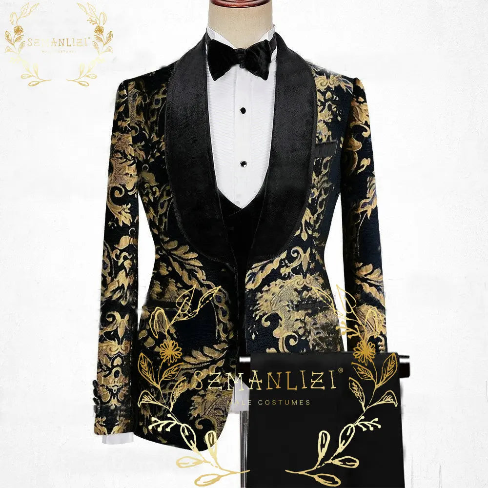 Floral Jacquard Tuxedo Suits For Men Wedding Party Dress Slim Fit 3 Pieces Gentleman Jacket Vest Pant 3 Piece Male Costume
