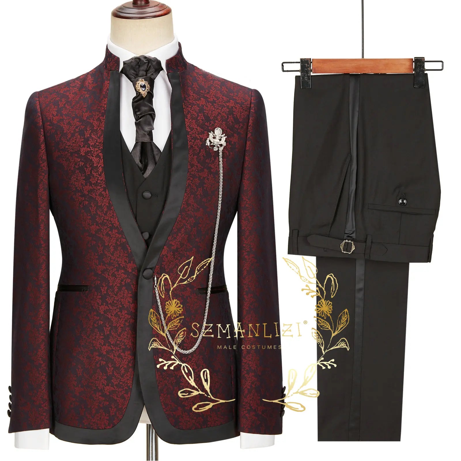 Floral Jacquard Tuxedo Suits For Men Wedding Party Dress Slim Fit 3 Pieces Gentleman Jacket Vest Pant 3 Piece Male Costume