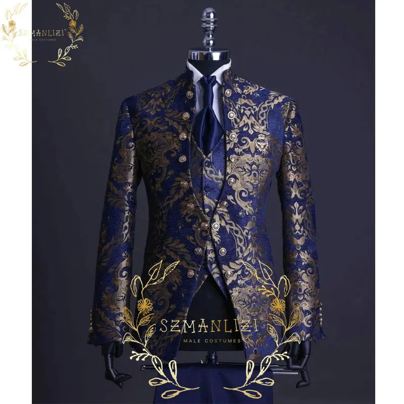 Floral Jacquard Tuxedo Suits For Men Wedding Party Dress Slim Fit 3 Pieces Gentleman Jacket Vest Pant 3 Piece Male Costume