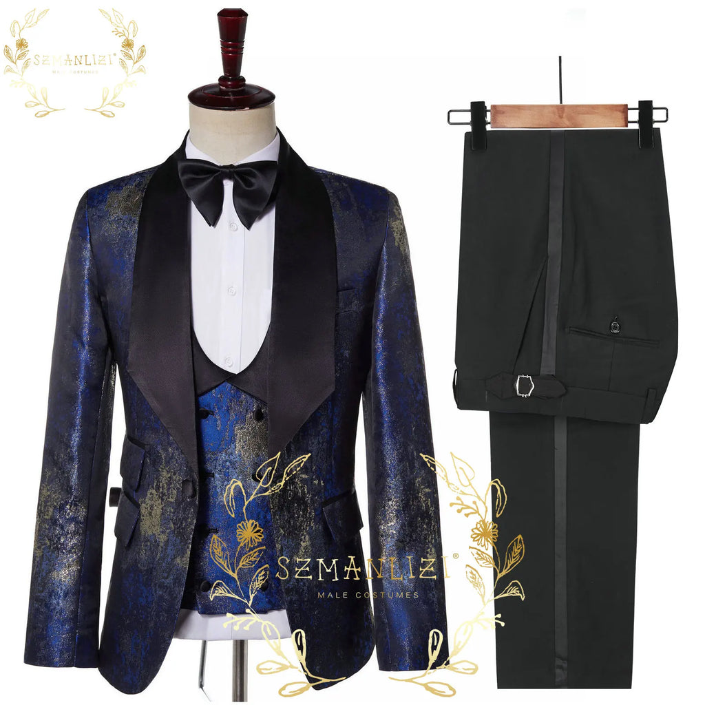 Floral Jacquard Tuxedo Suits For Men Wedding Party Dress Slim Fit 3 Pieces Gentleman Jacket Vest Pant 3 Piece Male Costume