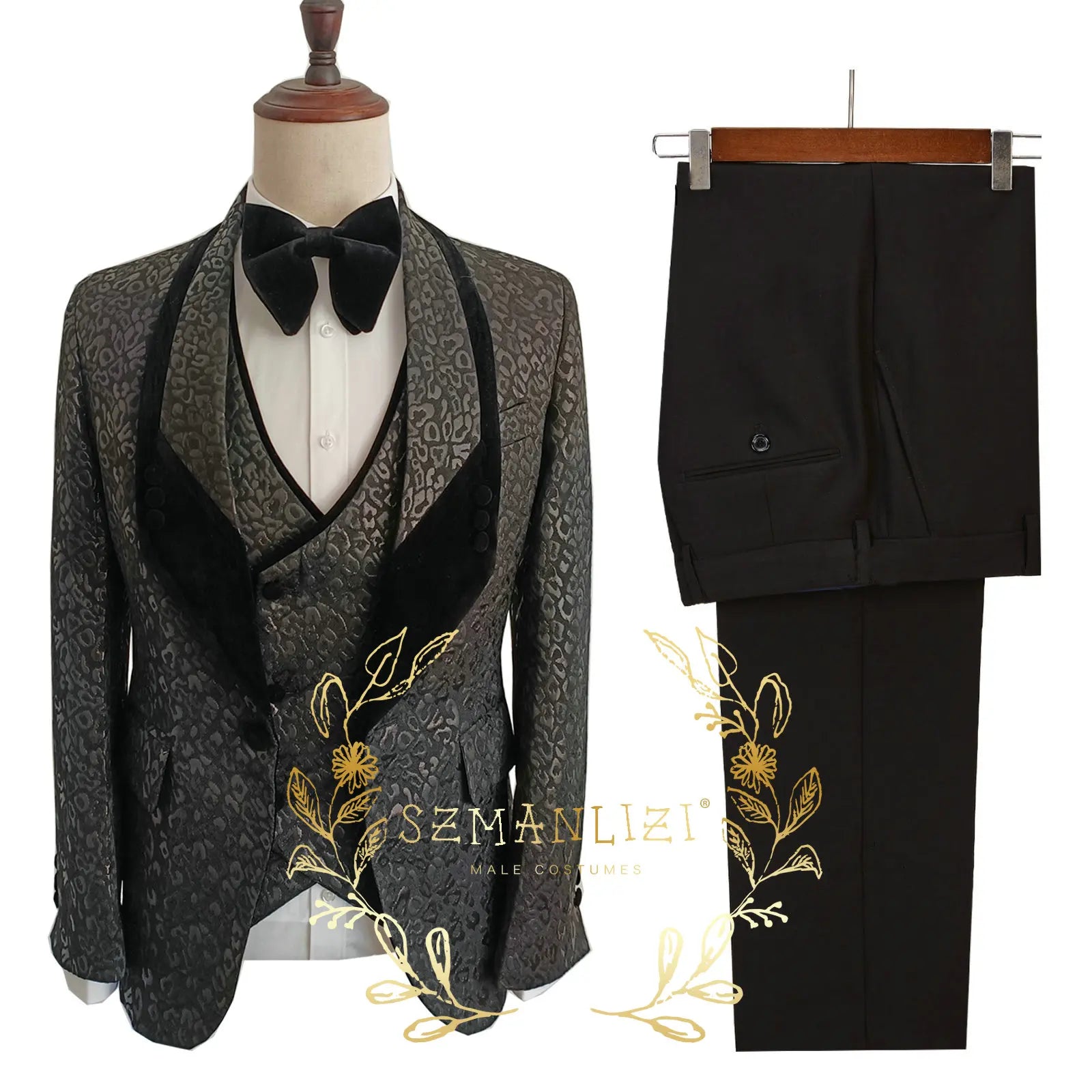 Floral Jacquard Tuxedo Suits For Men Wedding Party Dress Slim Fit 3 Pieces Gentleman Jacket Vest Pant 3 Piece Male Costume