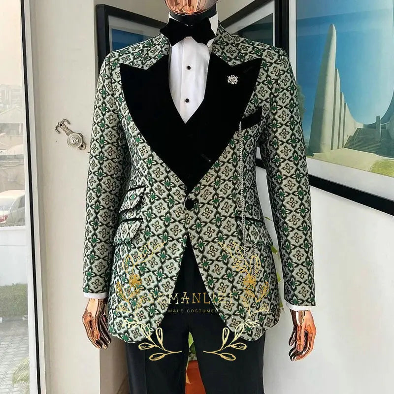 Floral Jacquard Tuxedo Suits For Men Wedding Party Dress Slim Fit 3 Pieces Gentleman Jacket Vest Pant 3 Piece Male Costume