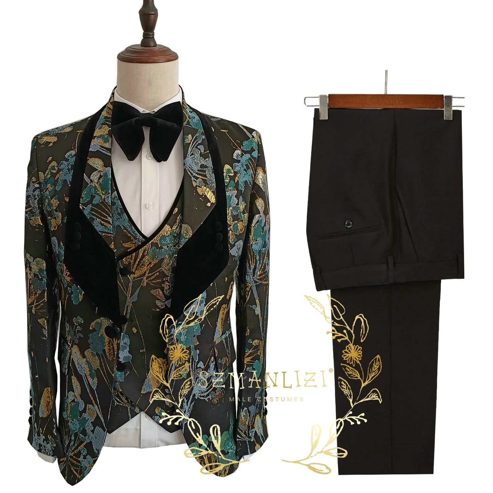 Floral Jacquard Tuxedo Suits For Men Wedding Party Dress Slim Fit 3 Pieces Gentleman Jacket Vest Pant 3 Piece Male Costume