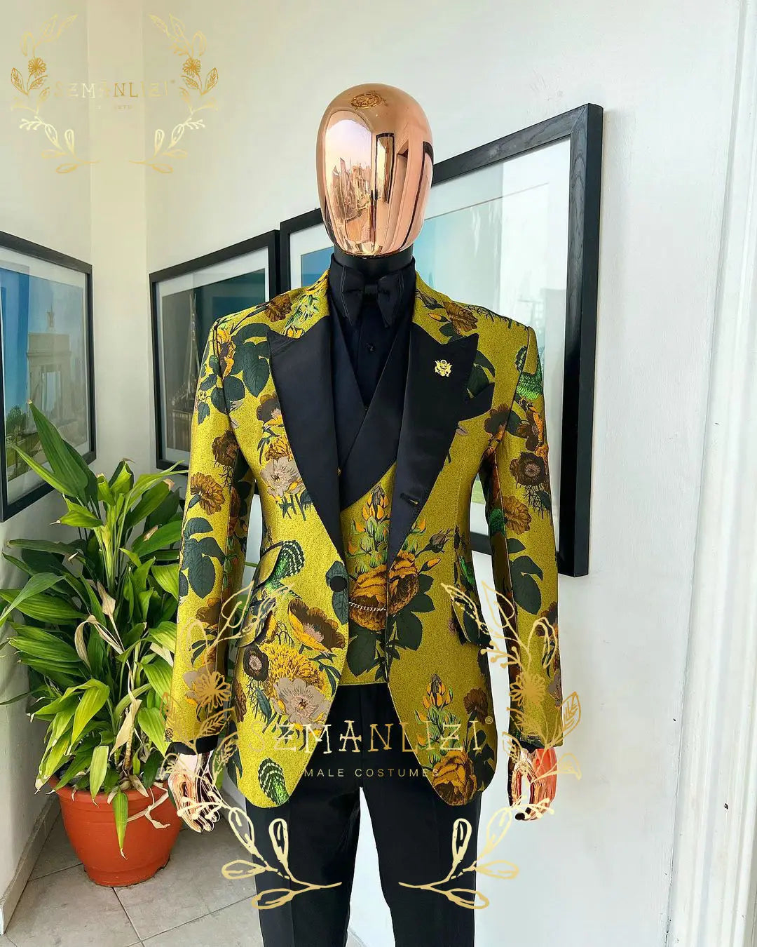 Floral Jacquard Tuxedo Suits For Men Wedding Party Dress Slim Fit 3 Pieces Gentleman Jacket Vest Pant 3 Piece Male Costume