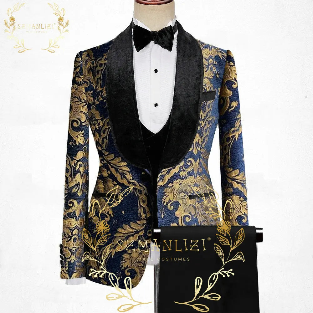 Floral Jacquard Tuxedo Suits For Men Wedding Party Dress Slim Fit 3 Pieces Gentleman Jacket Vest Pant 3 Piece Male Costume