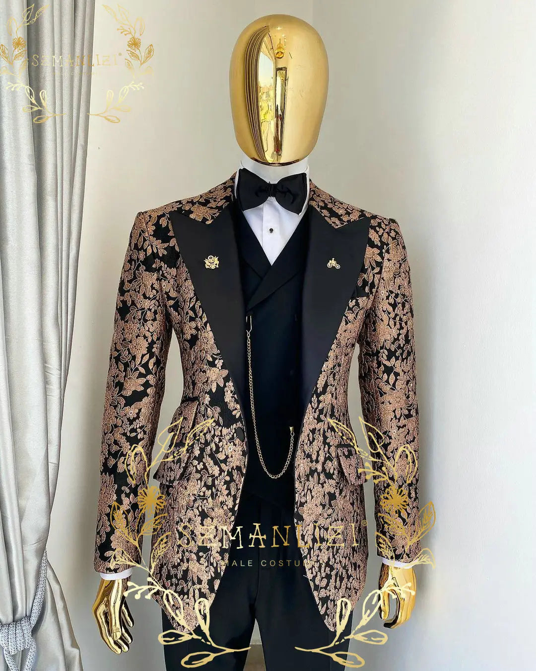 Floral Jacquard Tuxedo Suits For Men Wedding Party Dress Slim Fit 3 Pieces Gentleman Jacket Vest Pant 3 Piece Male Costume